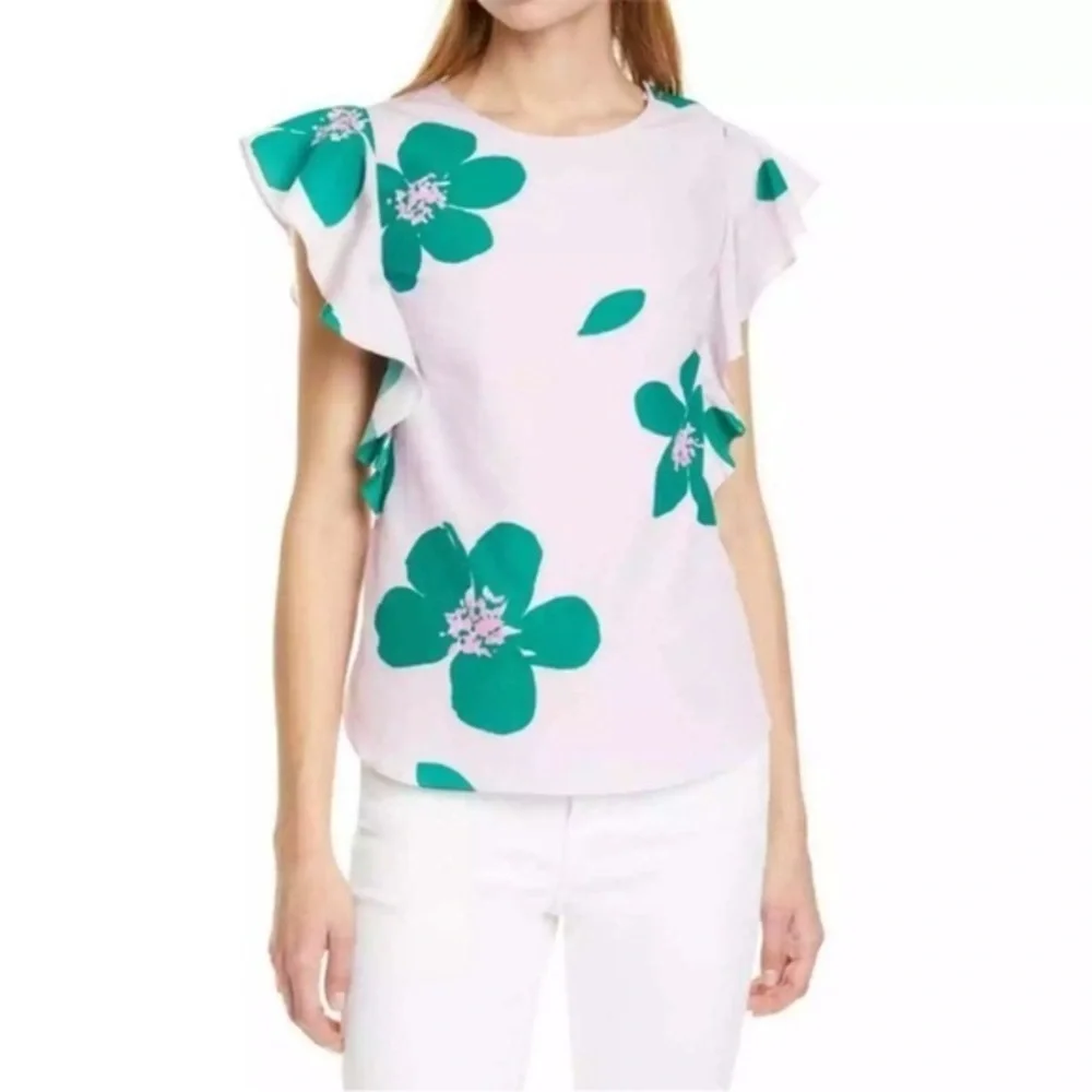 Kate Spade New York‎ Pink Grand Flora Ruffle Open Back Top Sz 10